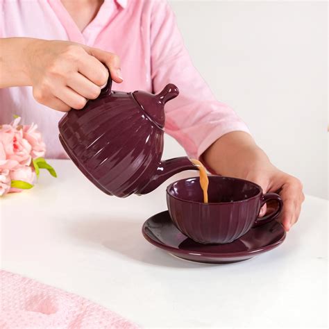 Ceramic Ambrosia One Cup Tea Set Plum Online - Premium Tea Set | Nestasia