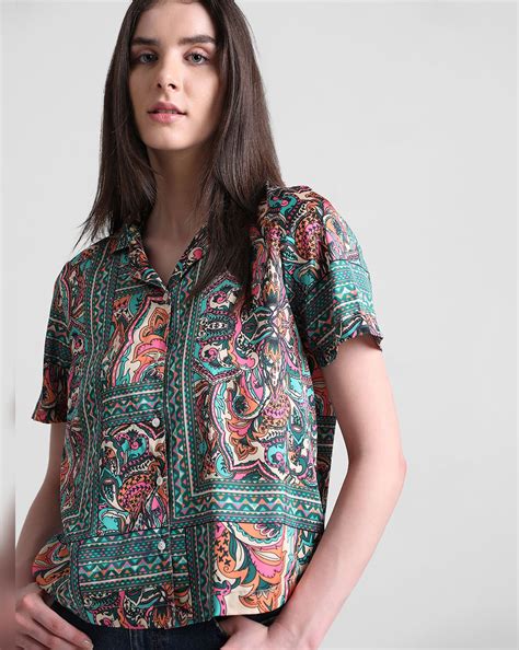 Green Abstract Print Satin Shirt