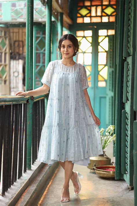 Blue Blossom Mul Chanderi Dress – Embroidered Detail