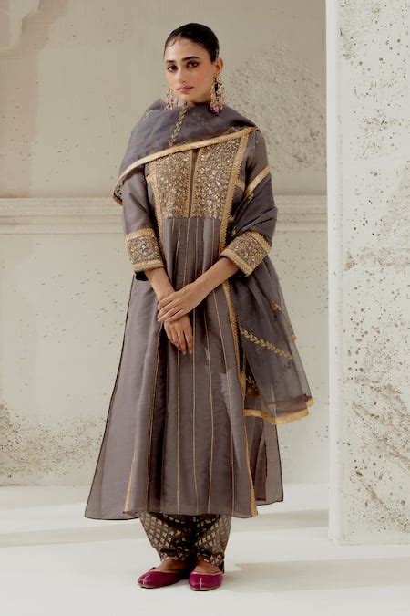 Buy Grey Silk, Chanderi, Organza Embroidery Round Neck Floral Work ...