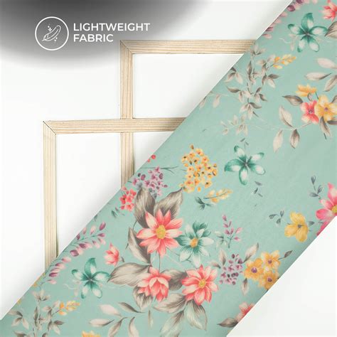 Pale Blue And Golden Yellow Floral Printed Organza Satin Fabric – Fabcurate