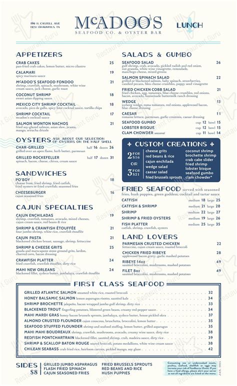 Menu at McAdoo's Seafood Company restaurant, New Braunfels