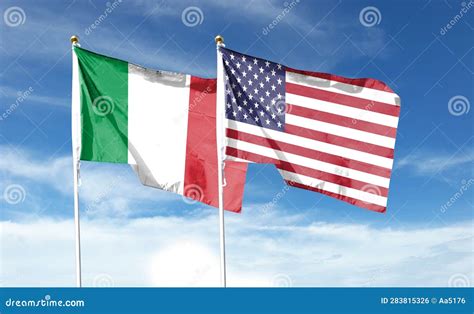 American Flag and Italian Flag on Cloudy Sky. Stock Photo - Image of ...