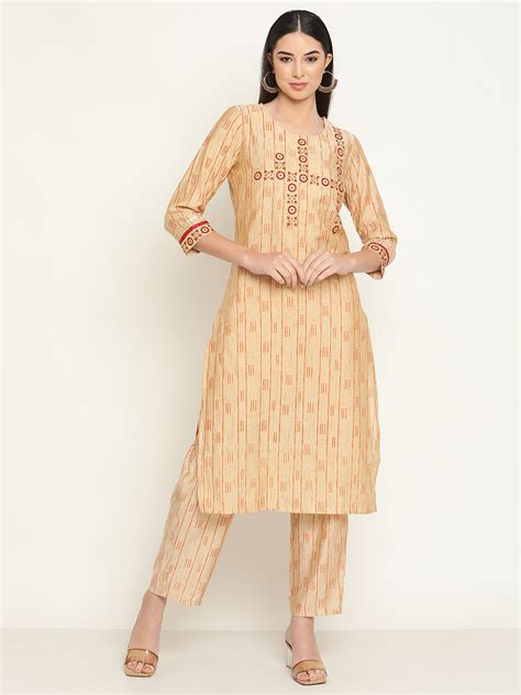 Be Indi Women Beige Embroidered Kurta With Trousers – BE INDI