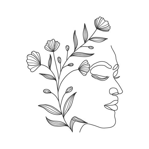 Abstract woman face one line drawing,minimalistic woman with leaves ...