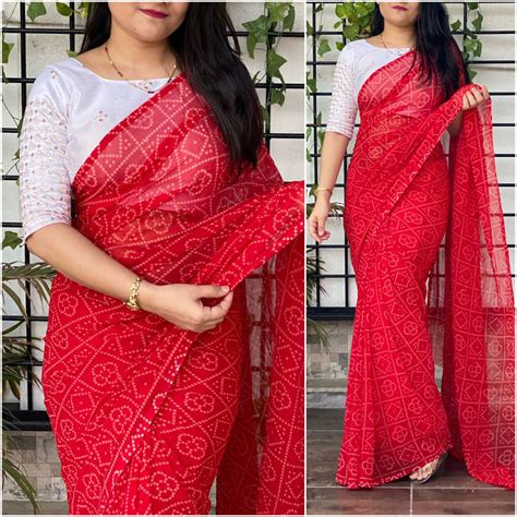 Bandhani printed Georgette Saree with Mirror work Blouse-Clo