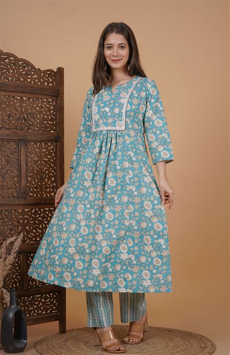 MEERA FAB Women's Cotton Printed Anarkali Kurta With Palazzo & Dupatta