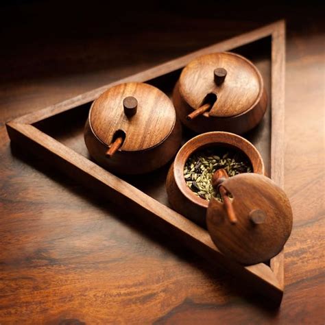 Indian Impex Triangular Wooden Jars Set with Tray & Spoon in Sheesham ...