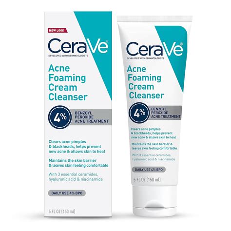 CeraVe Acne Foaming Cream Cleanser, 4% Benzoyl Peroxide Face Wash With Hyaluronic Acid ...