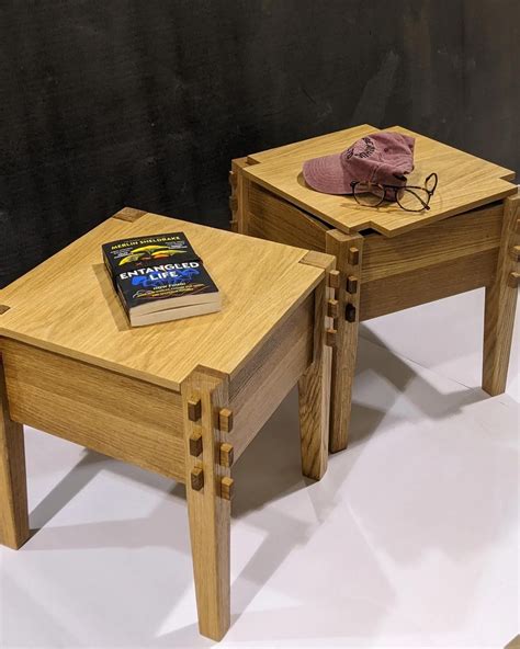set of Oak side tables with interlocking tenons and magnetic storage made from scraps : r/Joinery