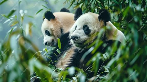 Two giant pandas resting in bamboo forest Concept of wildlife ...