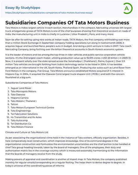 Subsidiaries Companies Of Tata Motors Business Essay Example | StudyHippo.com
