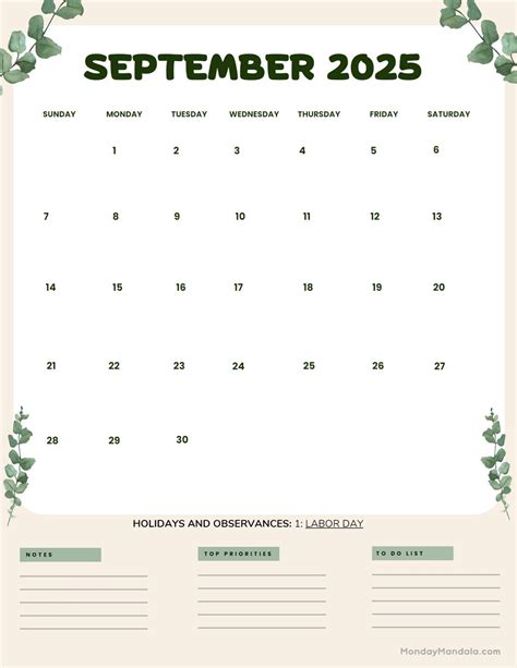 September 2025 Calendar - Free Printable With Holidays And Observances
