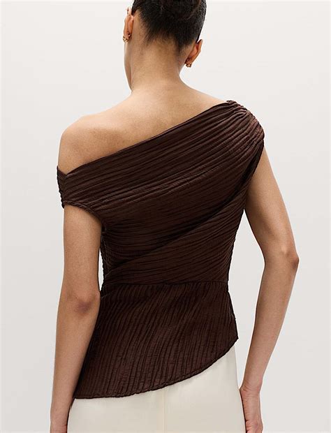 Buy Plisse Asymmetric Neck Bardot Top at Marks & Spencer