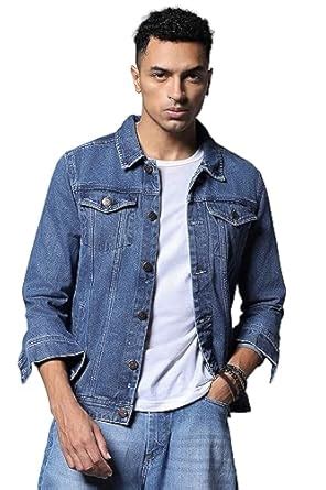 Buy HIGH STAR Men Blue Washed Crop Denim Jacket with Patchwork at Amazon.in
