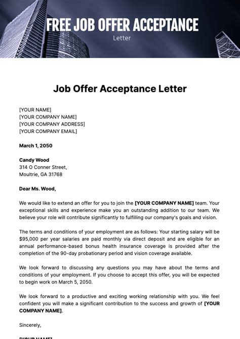 Job Offer Acceptance Letter Template - Edit Online & Download Example | Template.net