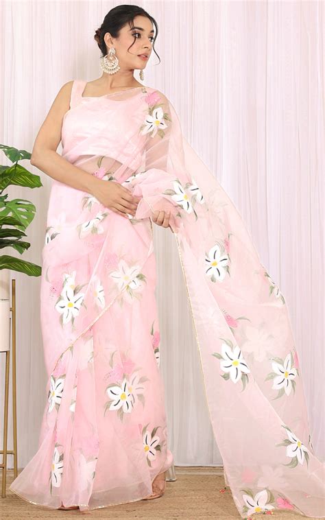 Powder Pink Handpainted Organza Saree
