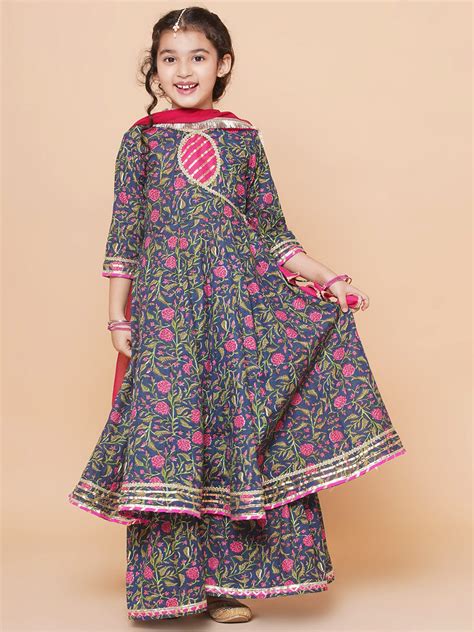 Shop Bitiya by Bhama Girls Blue Floral Printed Angrakha Gotta Patti ...