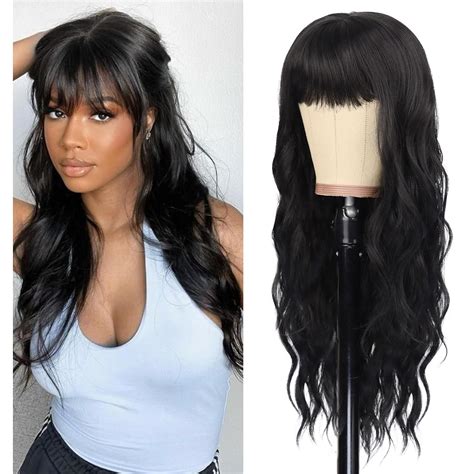Amazon.com : Wallden Hair Long Black Wig with Bangs for Women Curly ...