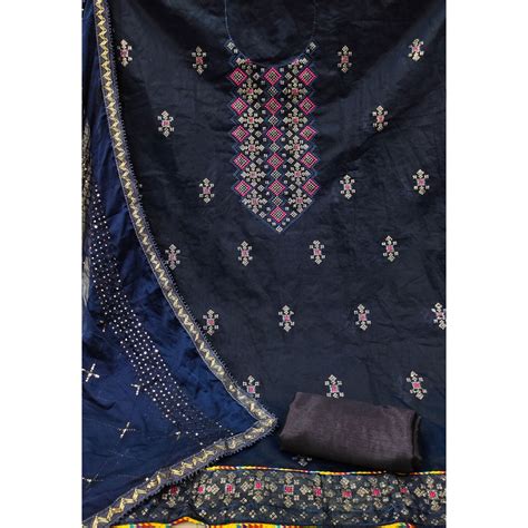Chanderi Cotton Dress Material In Navy Blue With Intricate Thread & Se