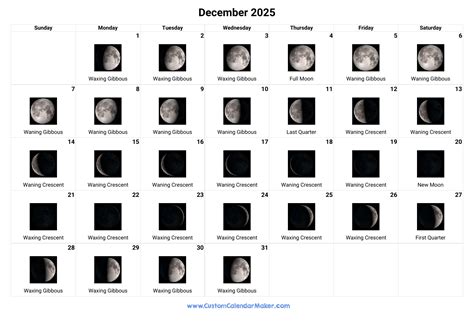 December 2025 Moon Phases Calendar | Custom Calendar Maker