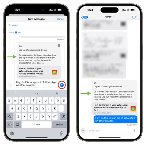 How to send a website link with quoted text in Messages