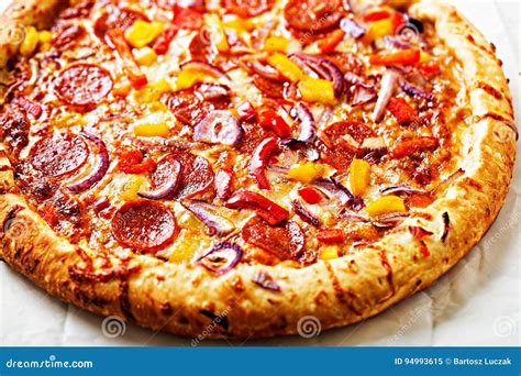 Barbecue Pepperoni, Red Pepper and Red Onion Pizza Stock Image - Image ...