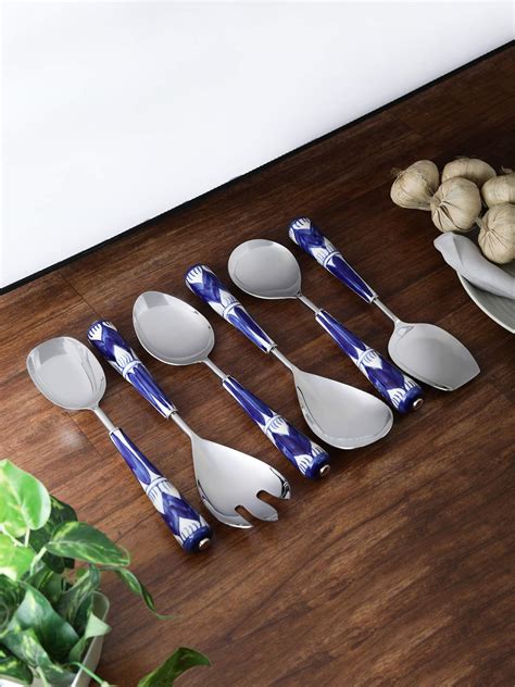 Buy Blue Moroccan Ceramic Handle Steel Serving Spoons Set of 6 Online ...