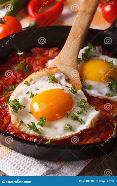 Mexican Breakfast: Fried Egg with Salsa on a Pan Macro. Vertical Stock ...
