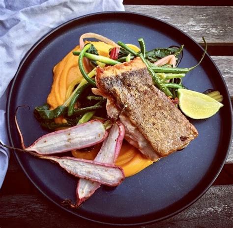 Sous Vide Salmon with Sweet Potato Puree, Rainbow Chard, and Roasted Radish