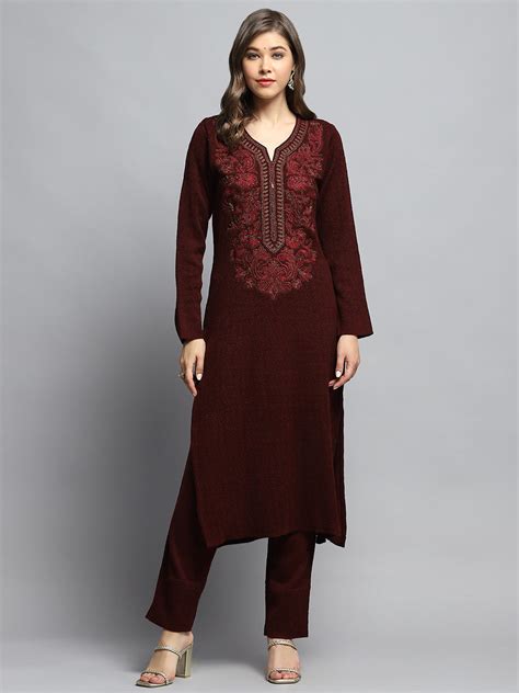 Buy Women Maroon Self Design Round Neck Full Sleeve Kurti Set Online in ...