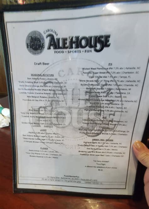 Menu at Carolina Ale House pub & bar, Summerville, 191 Sigma Dr