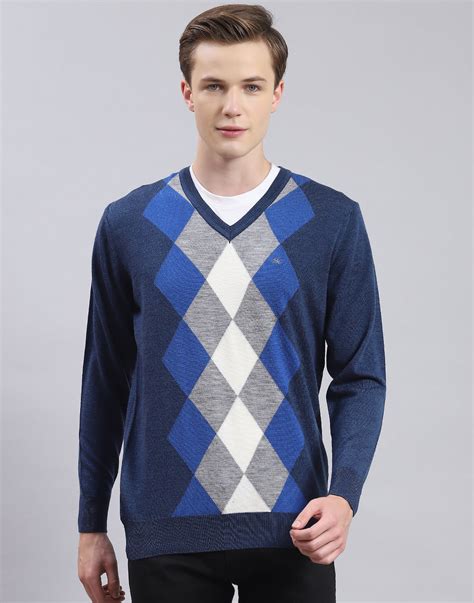 Buy Men Blue Self Design V Neck Full Sleeve Sweater Online in India ...