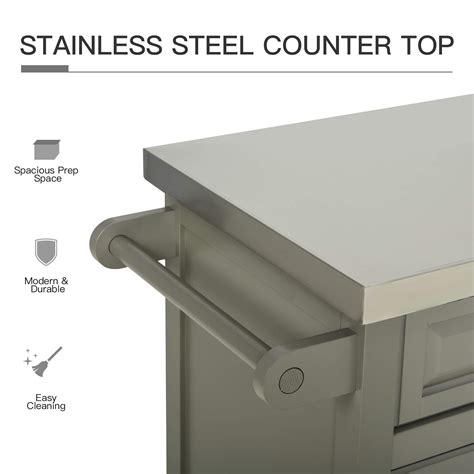 HOMCOM Rolling Kitchen Island with Stainless Steel Top, Spice Rack ...