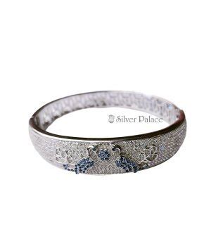 92.5 Sterling Silver Blue Cubic Zirconia Peacock Kada - Silver Palace