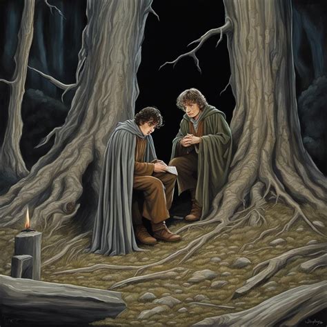 Frodo Baggins and Sam Gamgee look down at the fallen body of Saruman ...