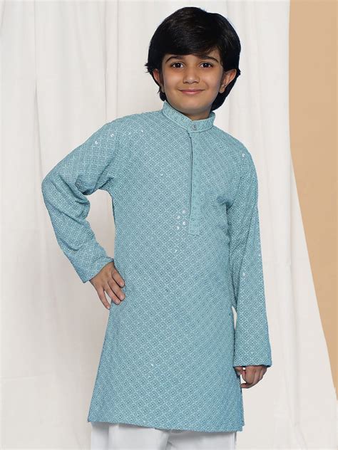 POWDER BLUE Schiffli Full sleeves Embroidered Kurta for Boys – AJ Dezines