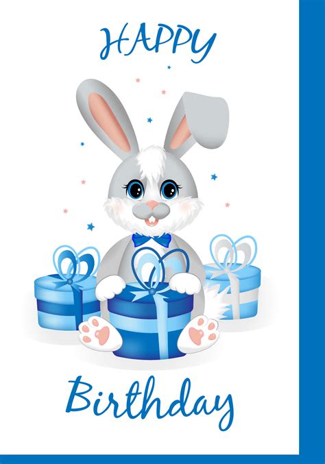 Happy Birthday. Cute little rabbit sitting with gifts. Greeting card ...