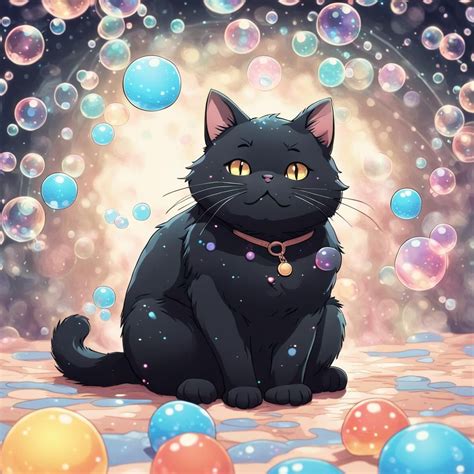 A chubby black cat sitting on the floor, kaleidoscopic bubbles around, in the style of sugary ...