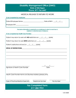 MI DMO Medical Release To Return To Work 2020-2025 - Fill and Sign ...
