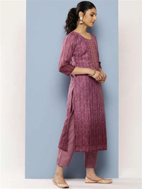 Buy Purple Embroidered Silk Blend Straight Kurta With Trousers ...