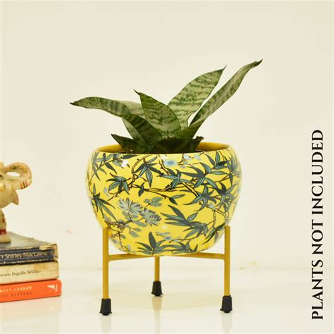 6'Inch Leafy Yellow Indoor Metal Planter with Stand - Home Garden Decor ...