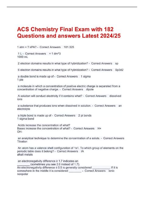 ACS Chemistry Final Exam with 182 Questions and answers Latest 2024 ...