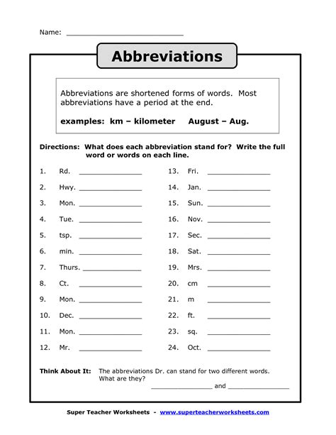 Common Abbreviations Worksheet - CommonWorksheets.com