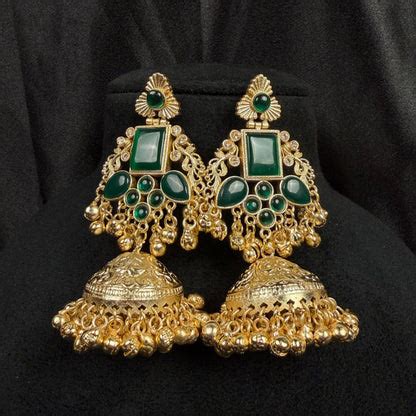 Jhumka Earrings with Green Stones, Antique Finish, Indian Ethnic Jewel ...