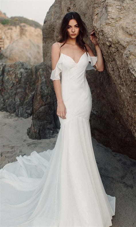 Simple Mermaid Spaghetti Straps Wedding Dress, Off Shoulder Satin Wedding Dresses, Simple Long ...