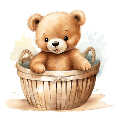Premium Photo | Cute watercolor baby bear in basket illustration teddy ...
