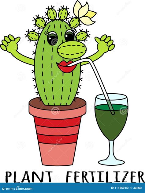 Fertilizers for Succulents. Cartoon Funny Colorful Cactus Drinks a ...