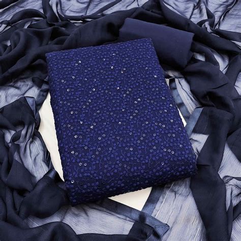 Stylish Navy Blue Thread Embroidered With Sequins Work Georgette Dress