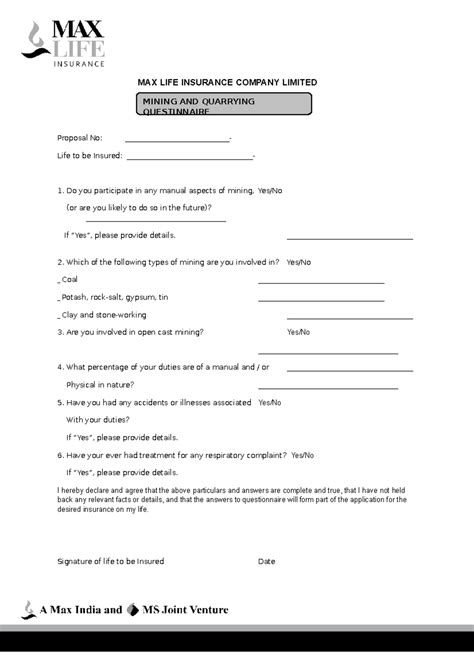 Mining AND Quarrying Questionaire - MAX LIFE INSURANCE COMPANY LIMITED ...